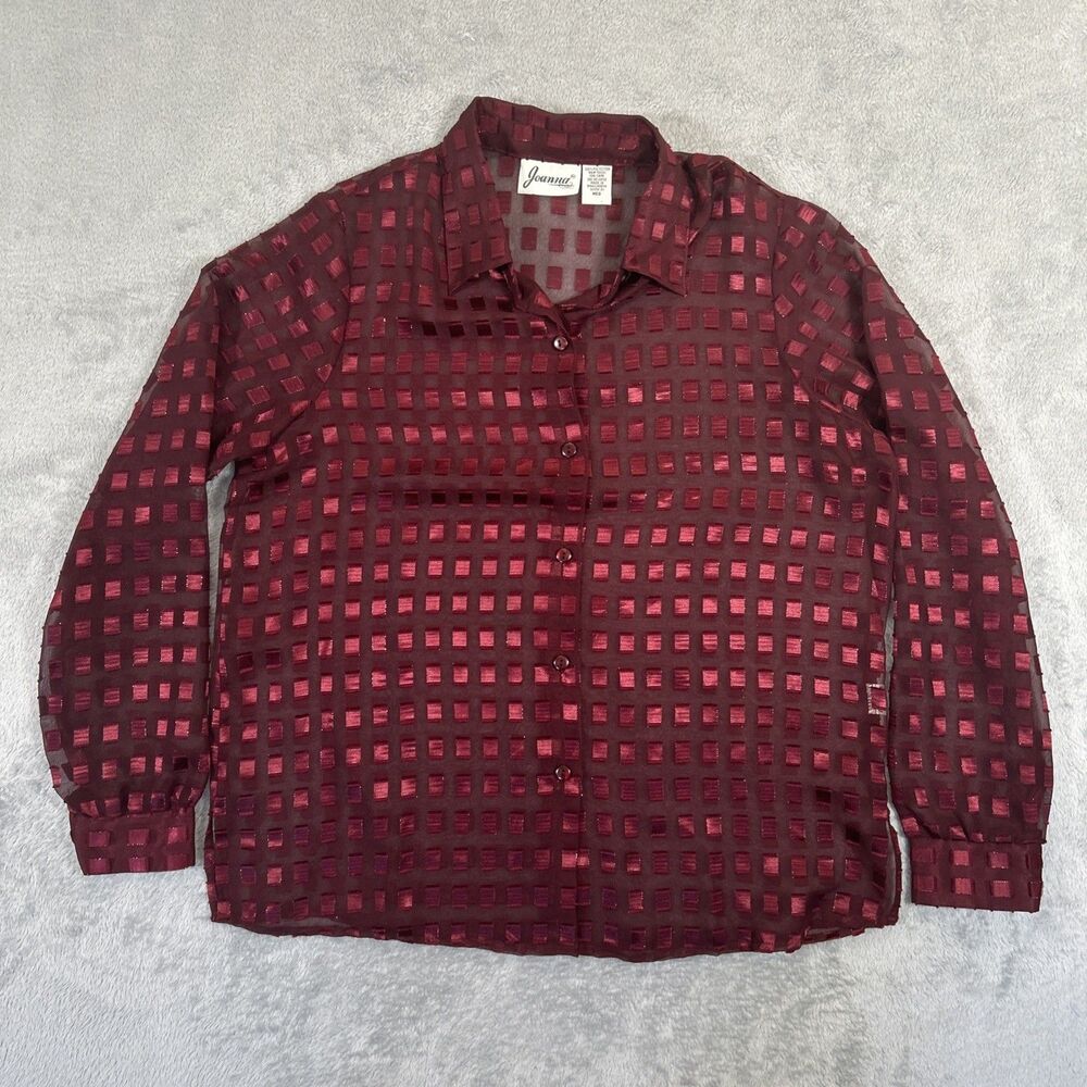 Vintage Joanna Blouse Womens Medium Red Sheer Long Sleeve Button Up Shirt Collar